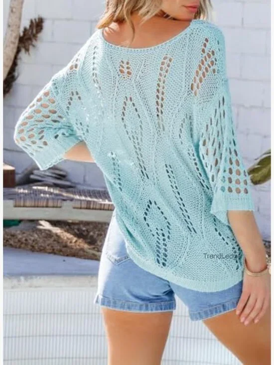 Crochet Hollow Out Pullover Sweater 3/4 Sleeve Beach Cover Up - Picture 2 of 7